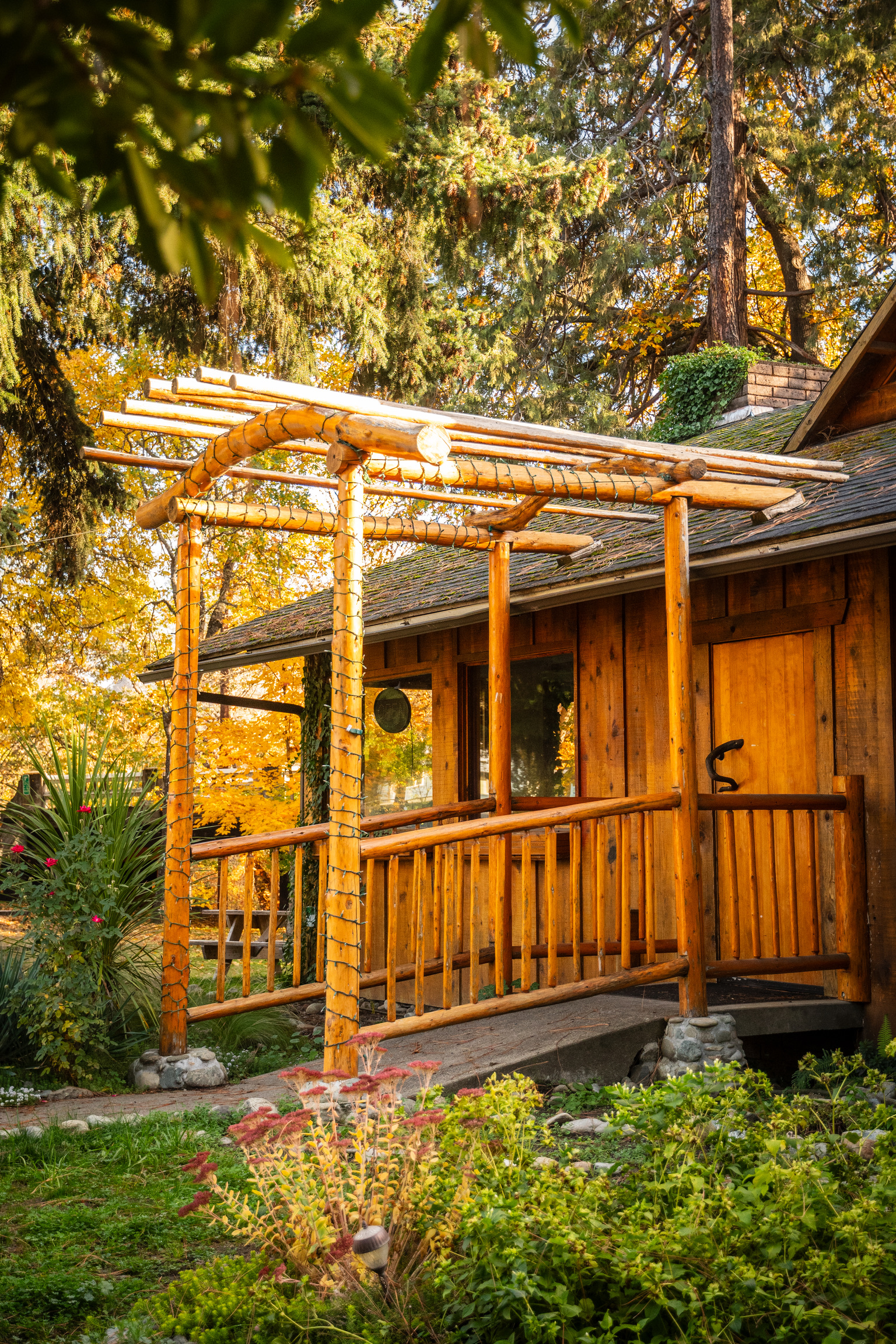 Lodge exterior with wooden pergola surrounded by golden fall foliage